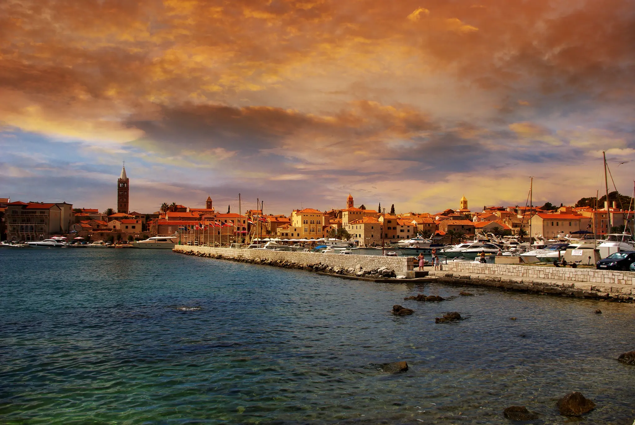 Rovinj harbor and waterfront at sunset